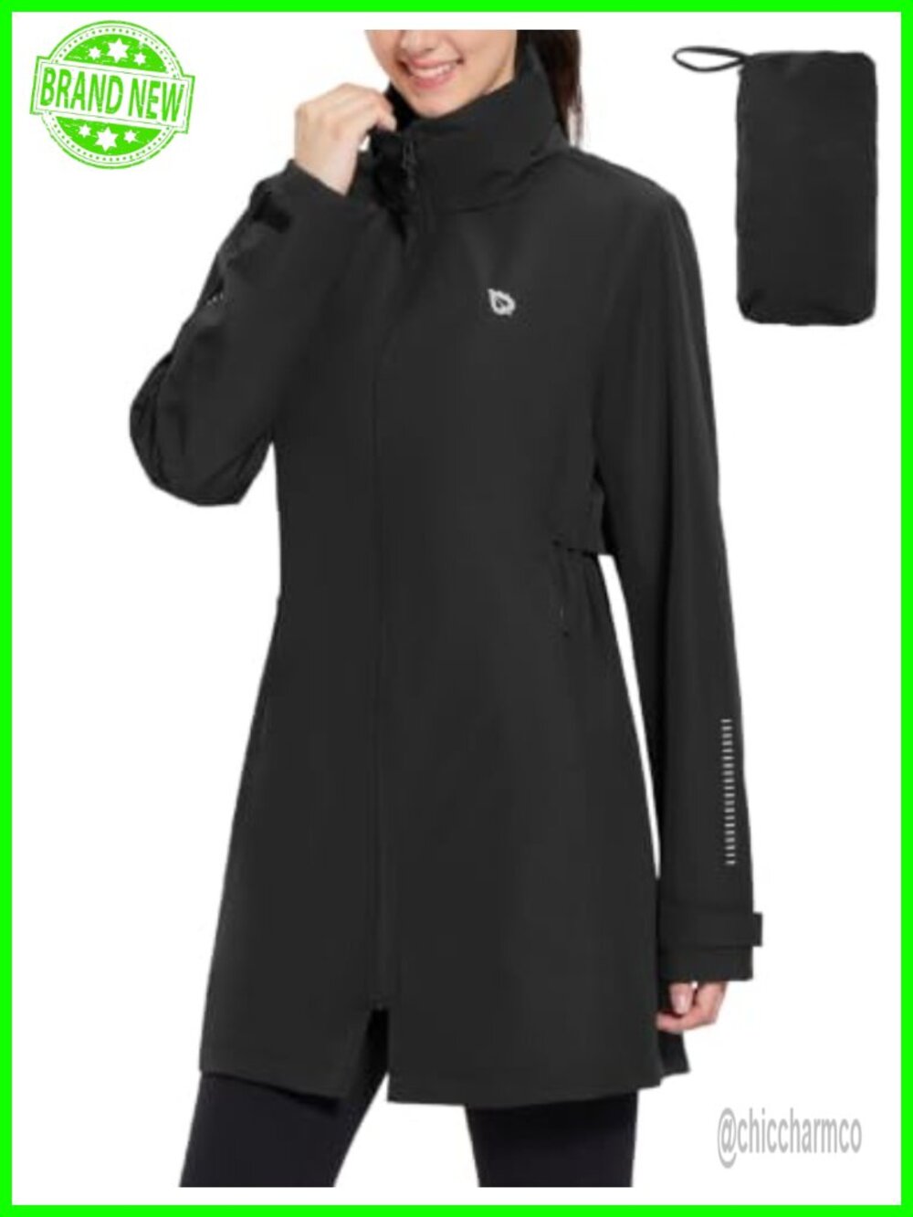 Women's Long Packable Raincoat Waterproof Hooded Trench Jacket